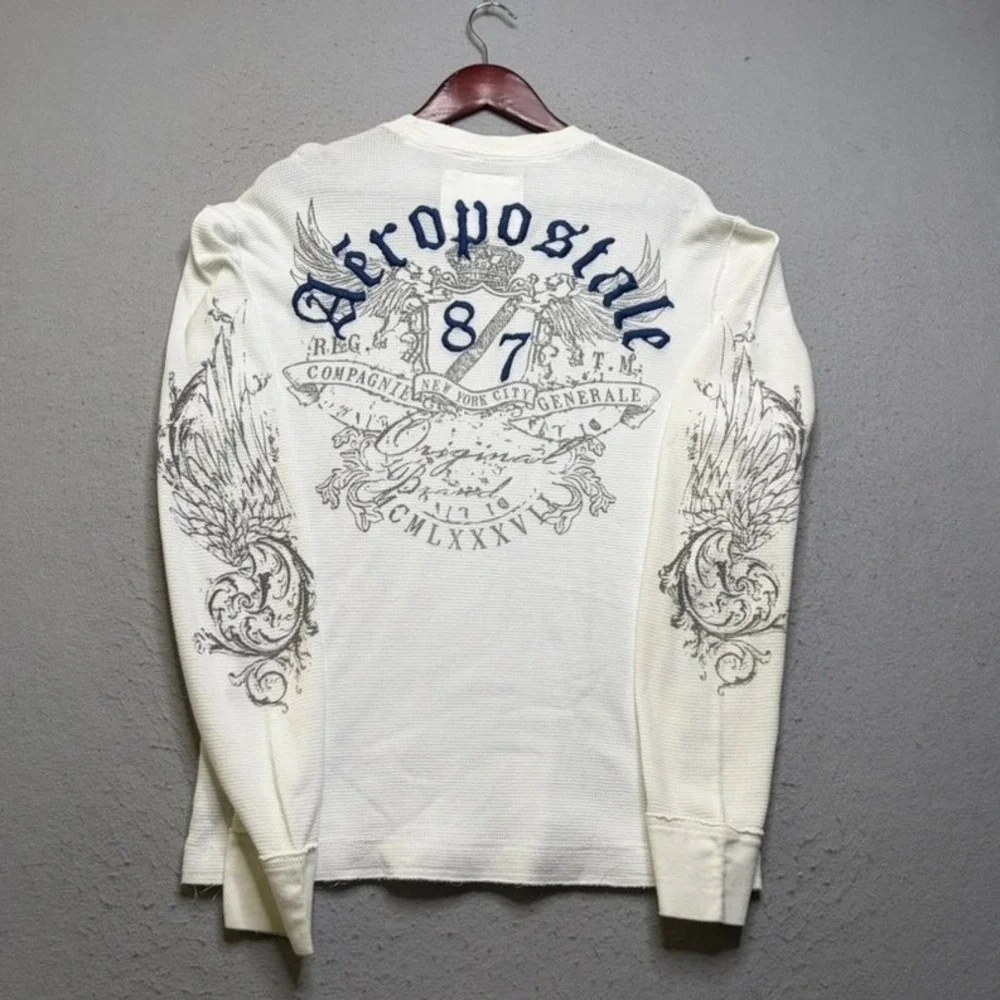 Aeropostale Thermal Shirt Mens L White Waffle Knit Graphic Y2K Rare Wing Print